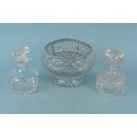 A pair of Stuart crystal decanters plus a heavy cut glass rose bowl