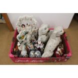 A selection of antique Staffordshire pottery figures and dogs (most with damage) plus various