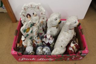 A selection of antique Staffordshire pottery figures and dogs (most with damage) plus various