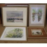 Two pen and wash pictures by Sue Wilmer with three framed watercolours