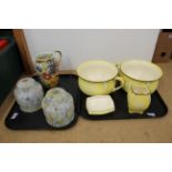 A Royal Winton part toilet set of four pieces plus two 1930's glass shades and a Sylvac jug