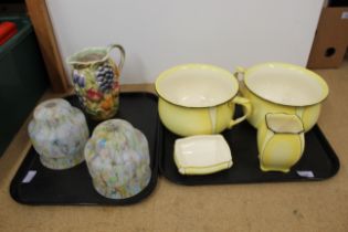A Royal Winton part toilet set of four pieces plus two 1930's glass shades and a Sylvac jug