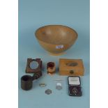 A treen fruit bowl, a Mauchline ware box (The Cliffs Felixstowe),