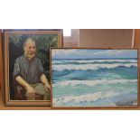 An oil on canvas of a seascape plus a framed oil portrait on canvas of a seated bearded gentleman