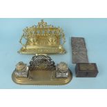 Two brass desk inkwells,