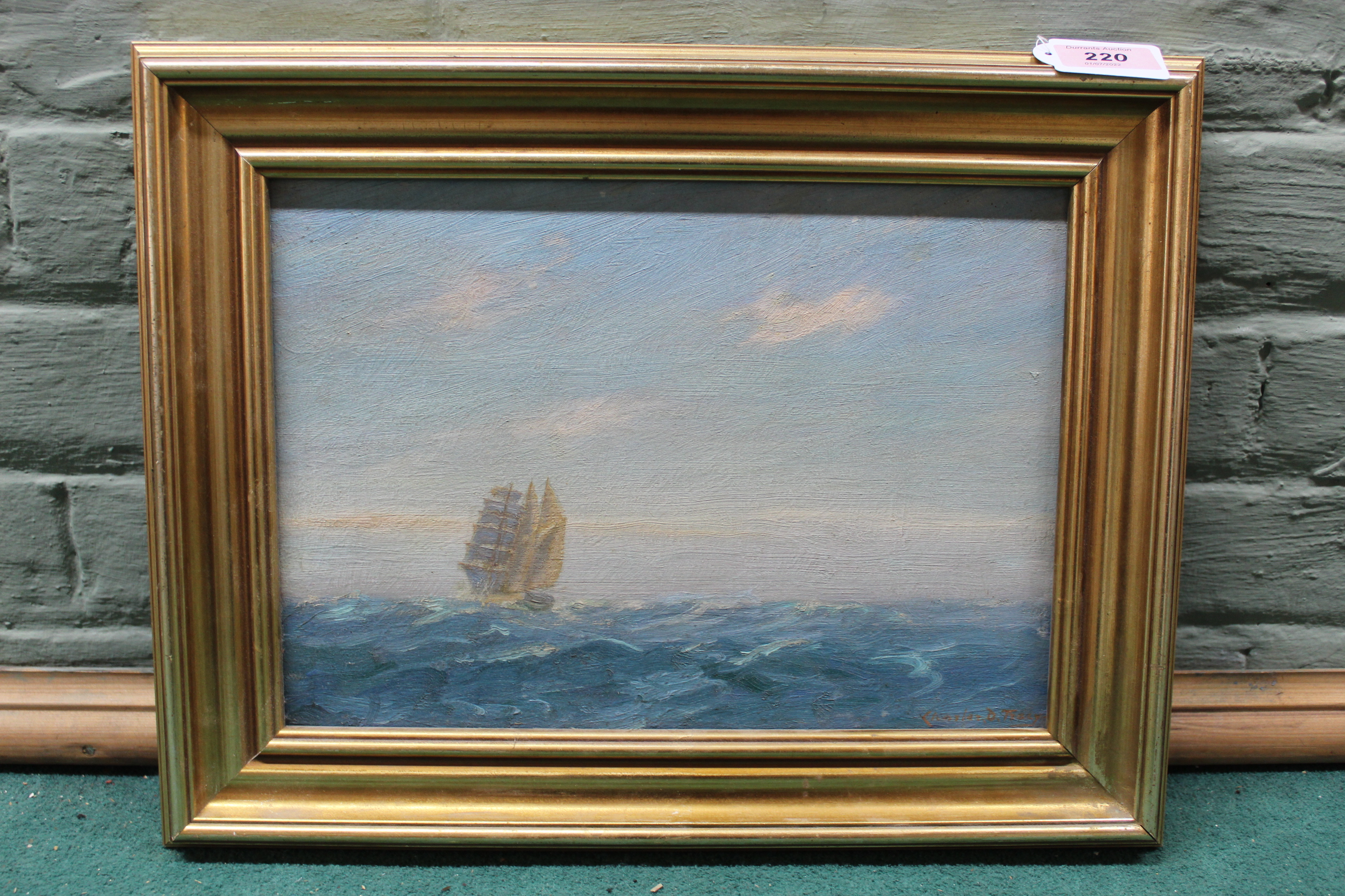 An oil on board of ships 'The White Barquentine' by Charles Dunlop Tracey',
