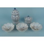 A Japanese blue and white ginger jar and lidded pot plus three hand painted Japanese dishes