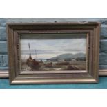 An oil of board painting signed J. Webb entitled 'Unloading Fish on I.O.