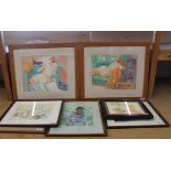 A pair of framed watercolour female nude studies plus a framed oil study of a lady etc (seven in