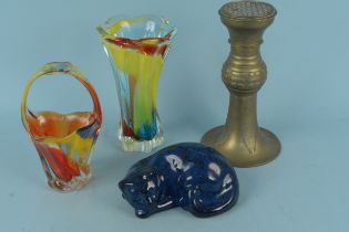 A 1970's Japanese Iwatsu Glass Co 'Hineri' hand blown glass basket vase (as found),