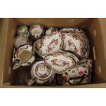 A box of assorted Masons Ironstone dinner and tea ware including part tea sets, cheese dish,