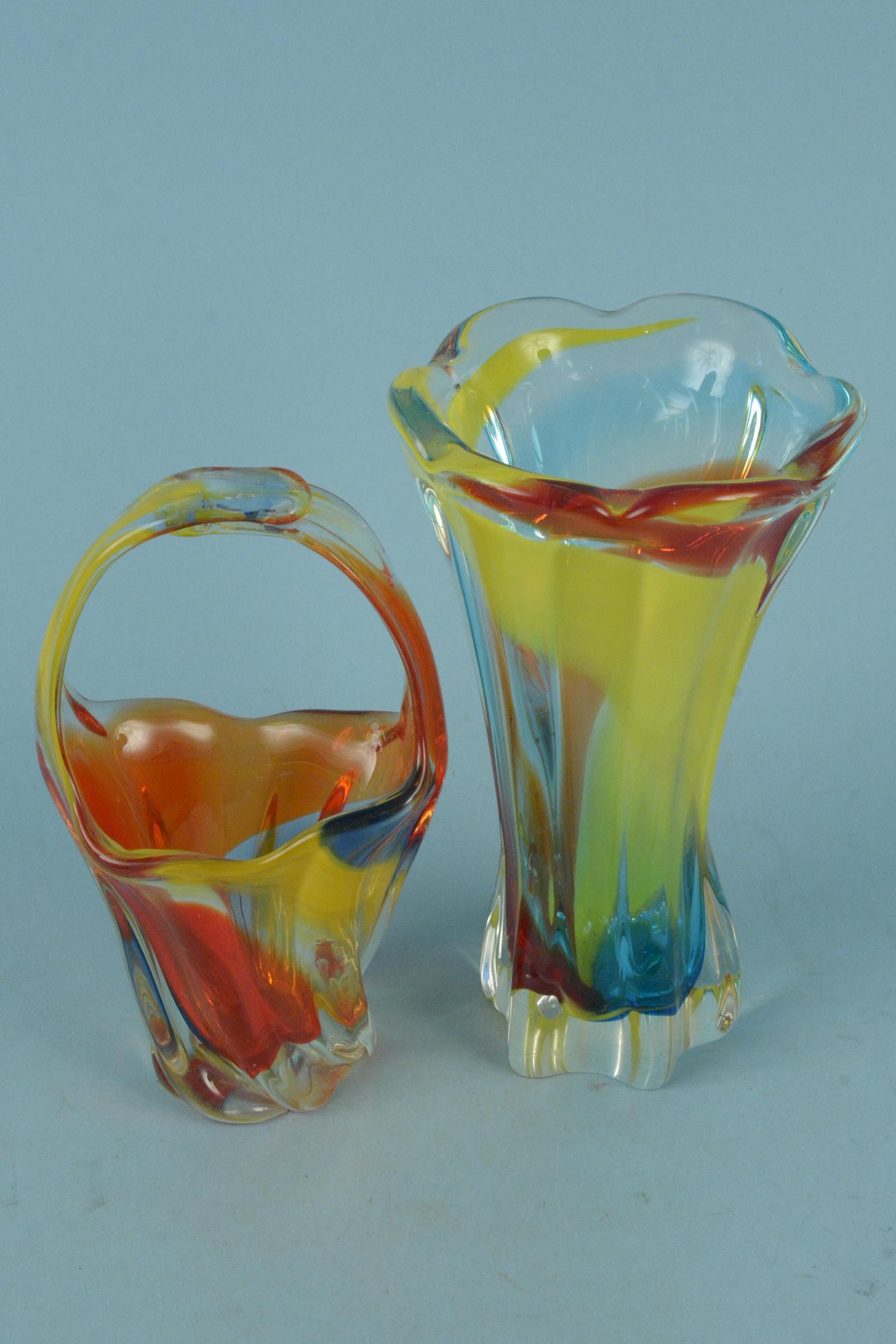 A 1970's Japanese Iwatsu Glass Co 'Hineri' hand blown glass basket vase (as found), - Image 3 of 3