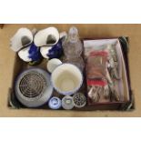 A mixed box of items including a pair of Staffordshire Toby jugs, blue and white china,