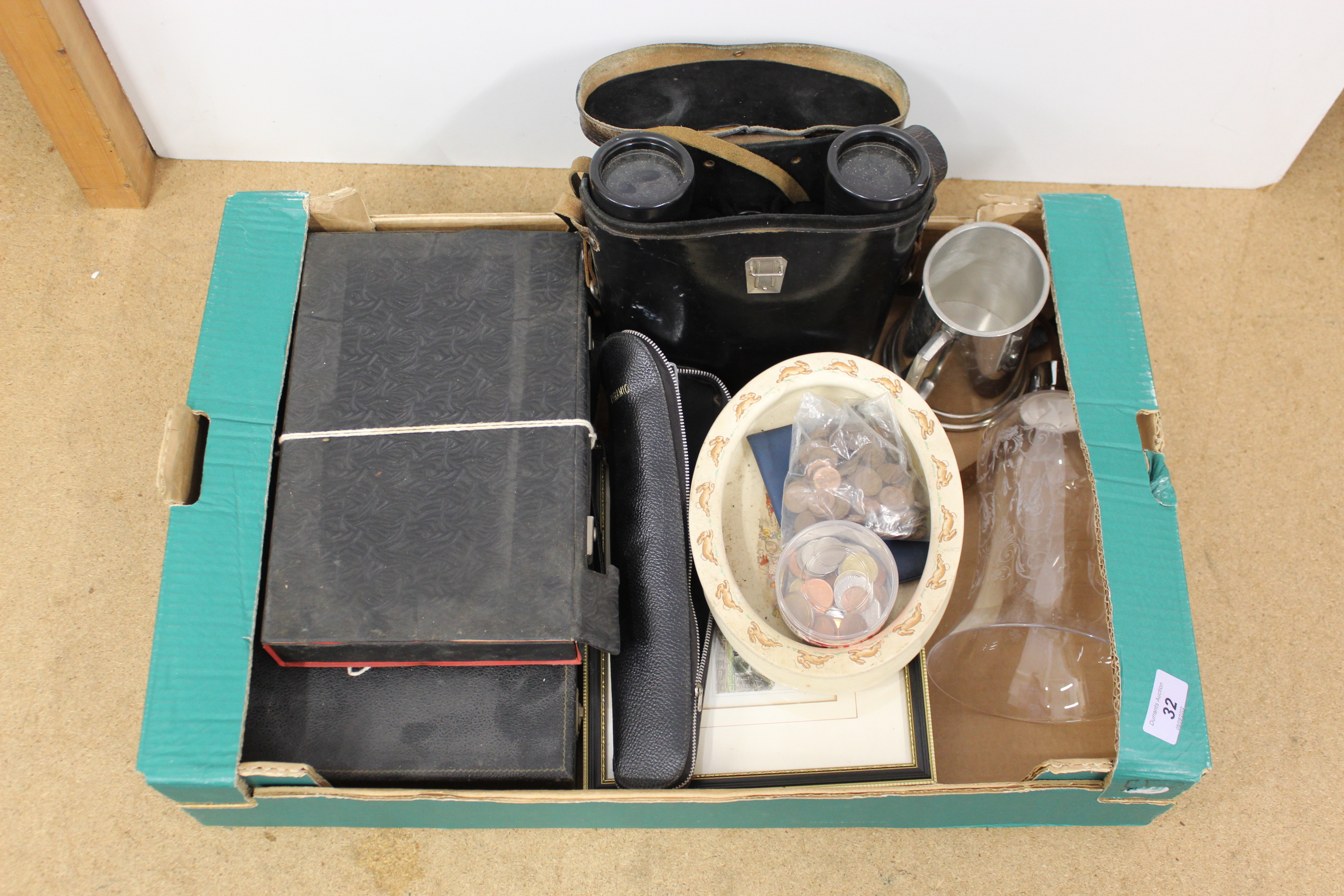 A mixed box including Russian 7x50 binoculars (clear optics), a canteen of cutlery, Mahjong set,