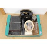 A mixed box including Russian 7x50 binoculars (clear optics), a canteen of cutlery, Mahjong set,