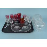 Mixed glassware including cranberry bowl drinking glasses