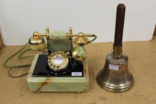 A 20th Century vintage style telephone plus a Victorian school hand bell