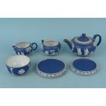 Six items of vintage Wedgwood blue Jasper tea wares including teapot with white metal spout (damage