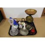 A set of vintage Salter scales, glass dolphin candlestick,