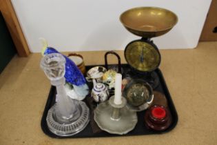 A set of vintage Salter scales, glass dolphin candlestick,