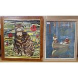 A large wool work picture of a cat and a Punch framed poster