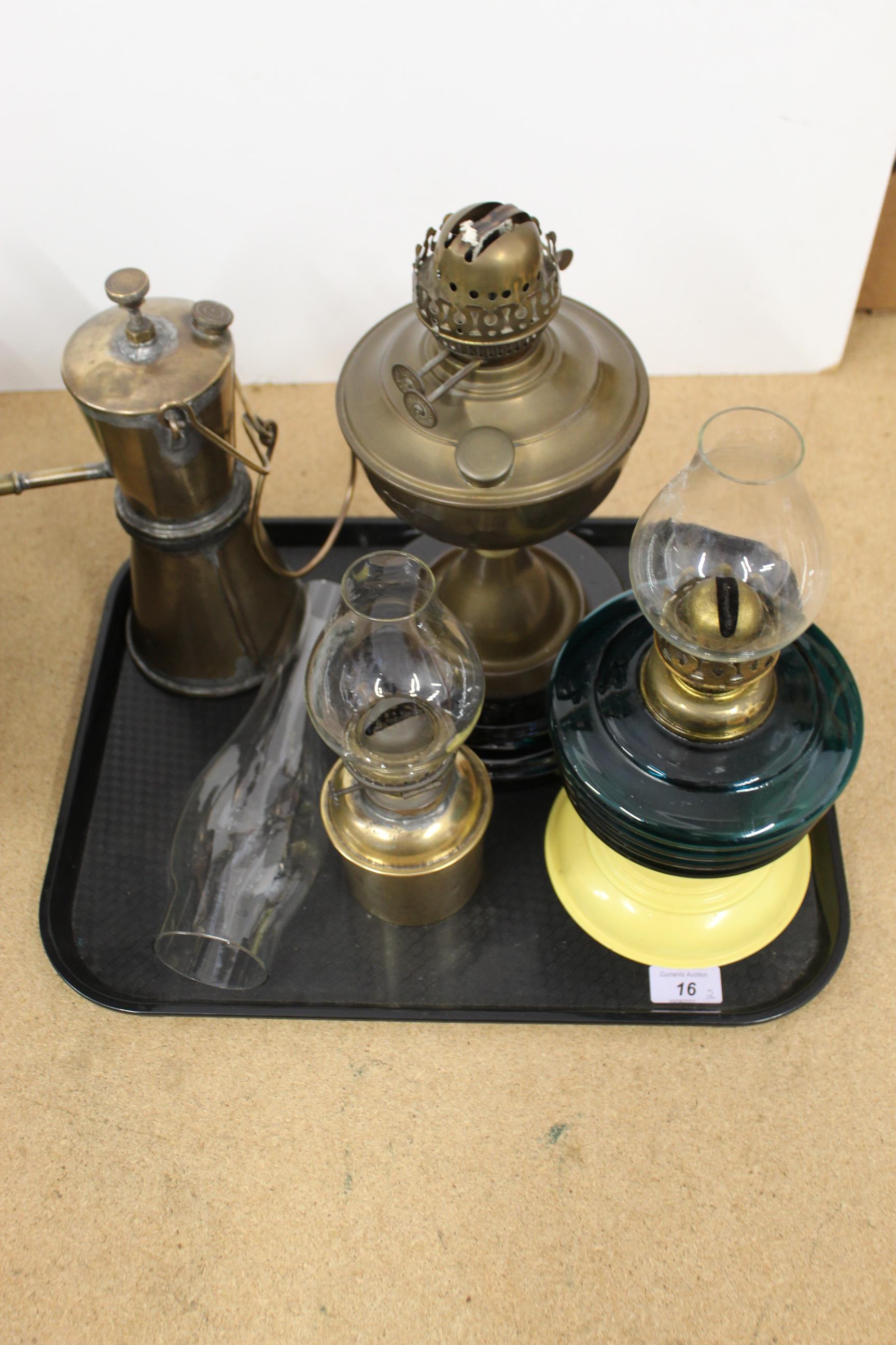 A set of 1920's grocery scales with a copper pan and assorted weights plus four oil lamps - Image 2 of 3