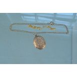 A 9ct gold floral engraved locket on metal chain and a fine 9ct gold chain,