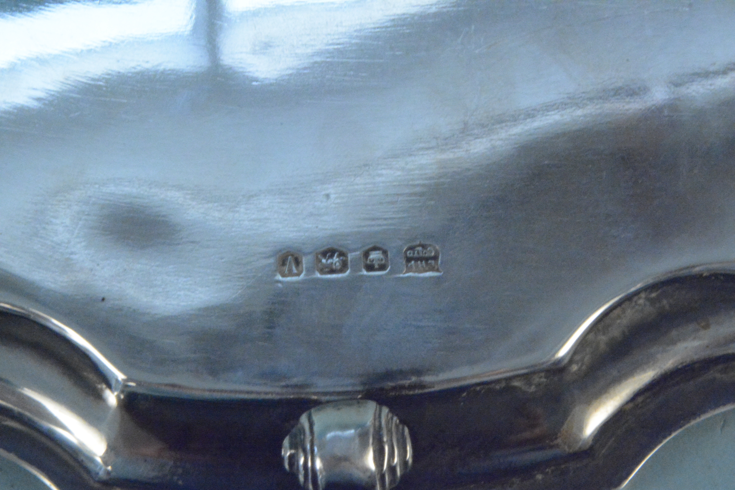 A shaped silver salver with presentation inscription on four feet (one bent), - Image 4 of 4