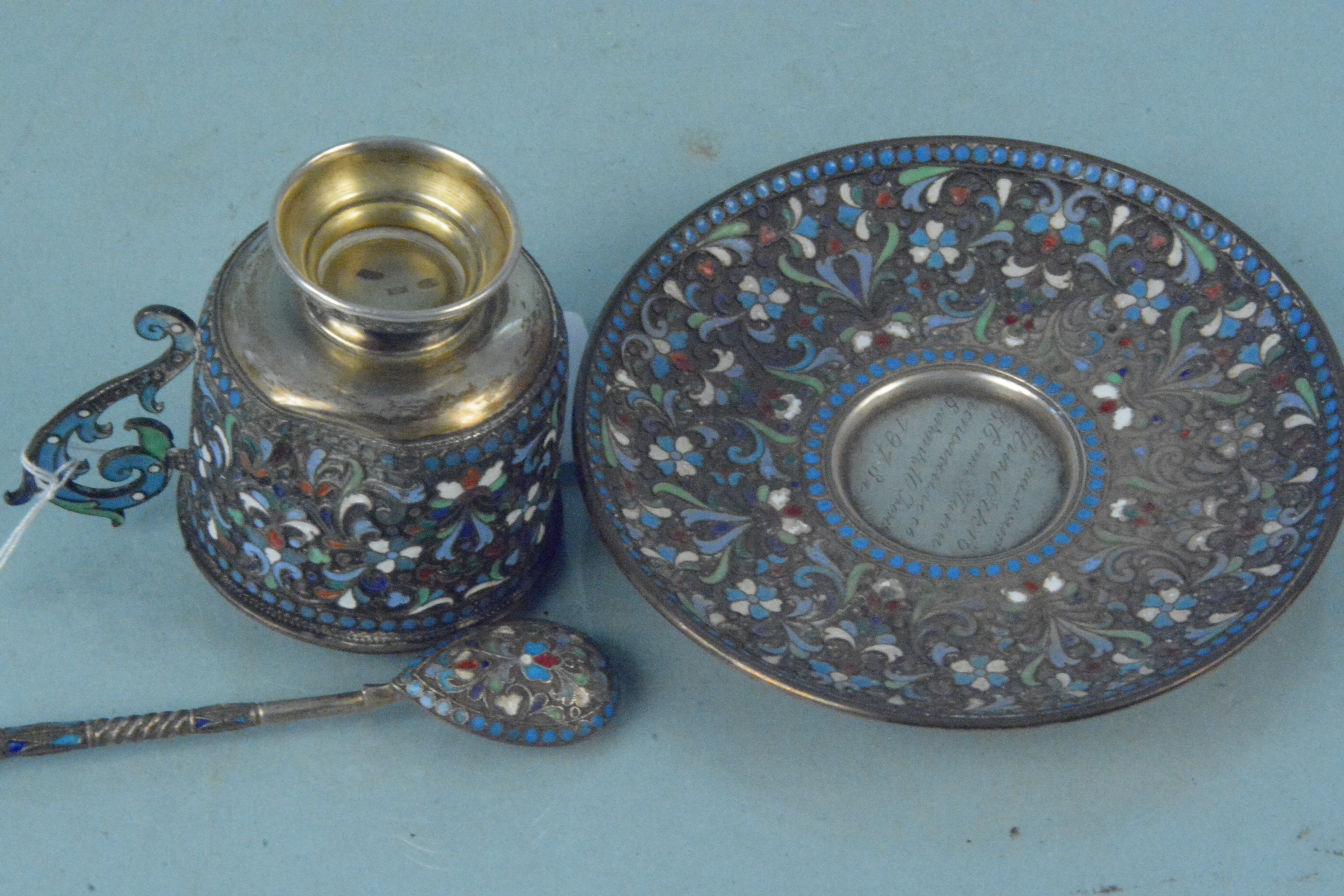 A Russian silver cloisonne cup, saucer and spoon, all with Kokoshnik mark, - Image 6 of 6