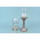 A silver plated brandy warmer in the form of Aladdins lamp plus a white metal lamp with glass