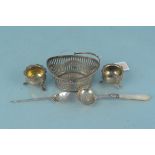 Mixed silver to include a mother of pearl handled sifter, a mote spoon (as found),