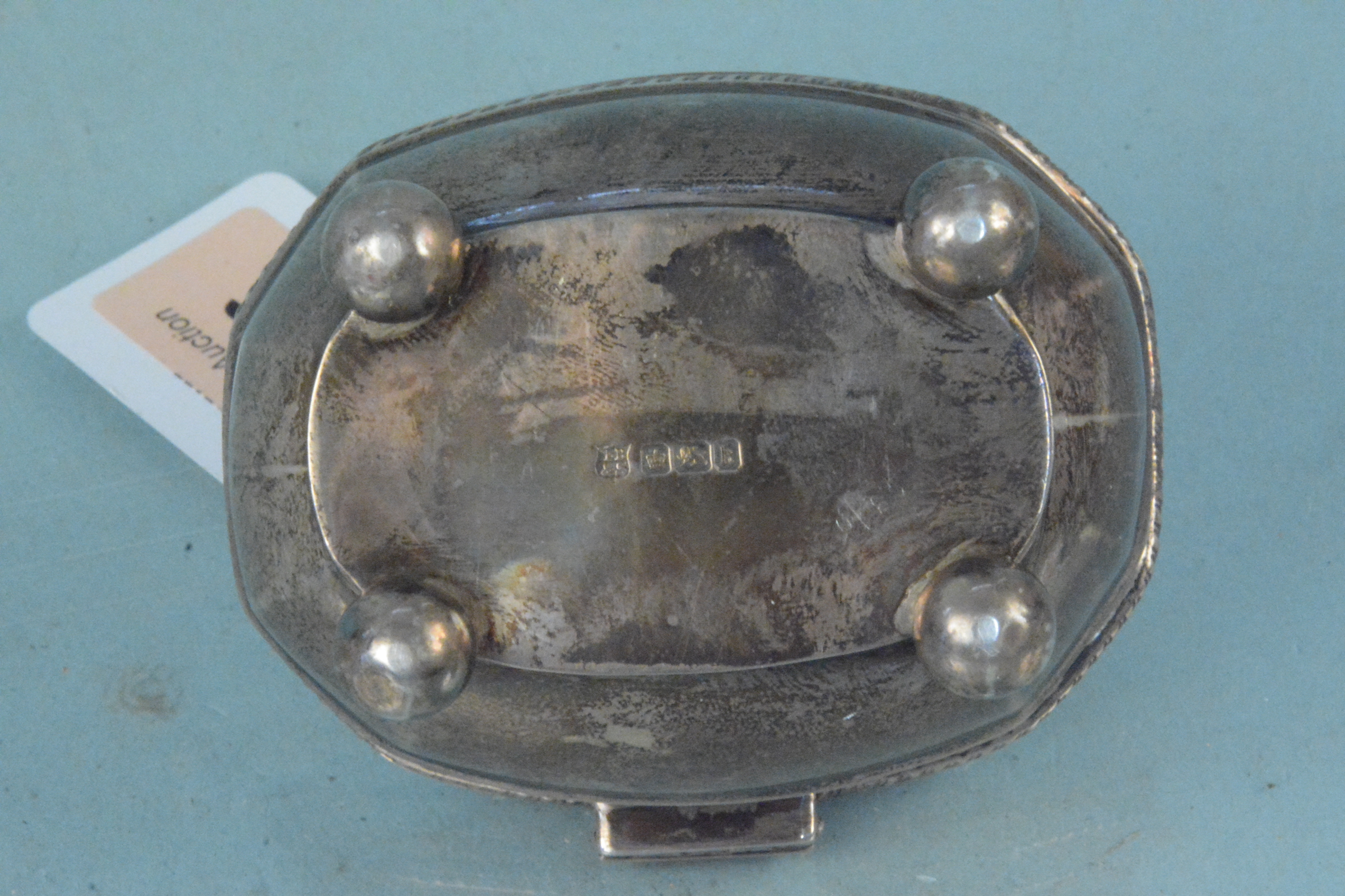 A silver tea caddy with wooden finial on four bun feet, hallmarked Sheffield 1902, - Image 3 of 3