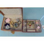 A jewellery box and contents including a small 9ct gold cross,