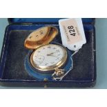 A 14K gold cased full hunter pocket watch, enamel dialled with gilt hand set,