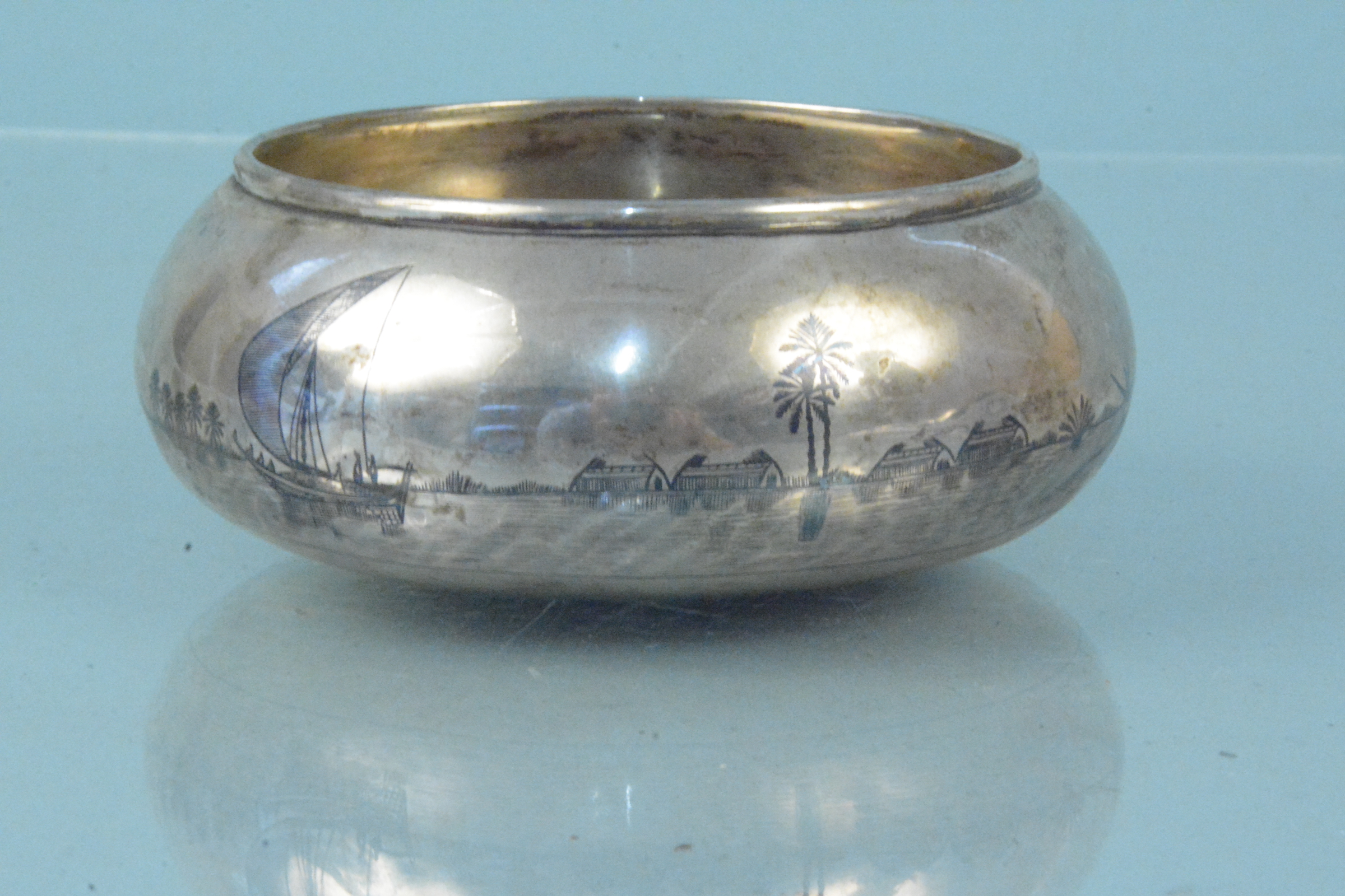 A white metal Niello decorated bowl (dented), - Image 2 of 3