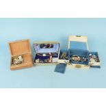 Three small jewellery boxes containing costume jewellery including yellow metal memorial locket (as