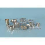 A mixed lot of silver and silver plate including a tea strainer, napkin rings, bon bon dish etc ,