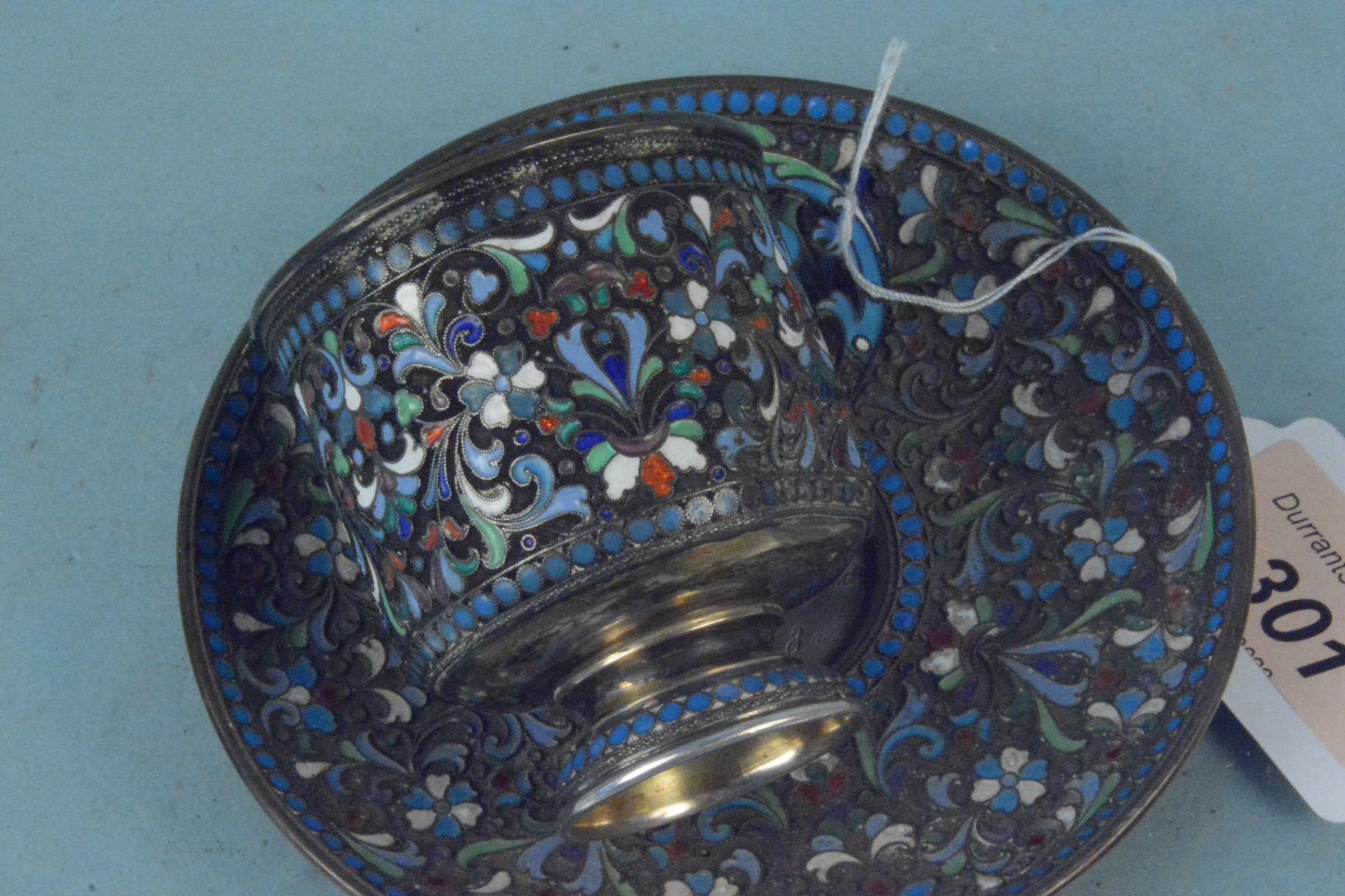 A Russian silver cloisonne cup, saucer and spoon, all with Kokoshnik mark, - Image 2 of 6