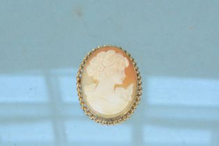 A shell cameo with a carved bust of a lady in 9ct gold mount with twist edge design pendant and