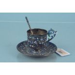 A Russian silver cloisonne cup, saucer and spoon, all with Kokoshnik mark,