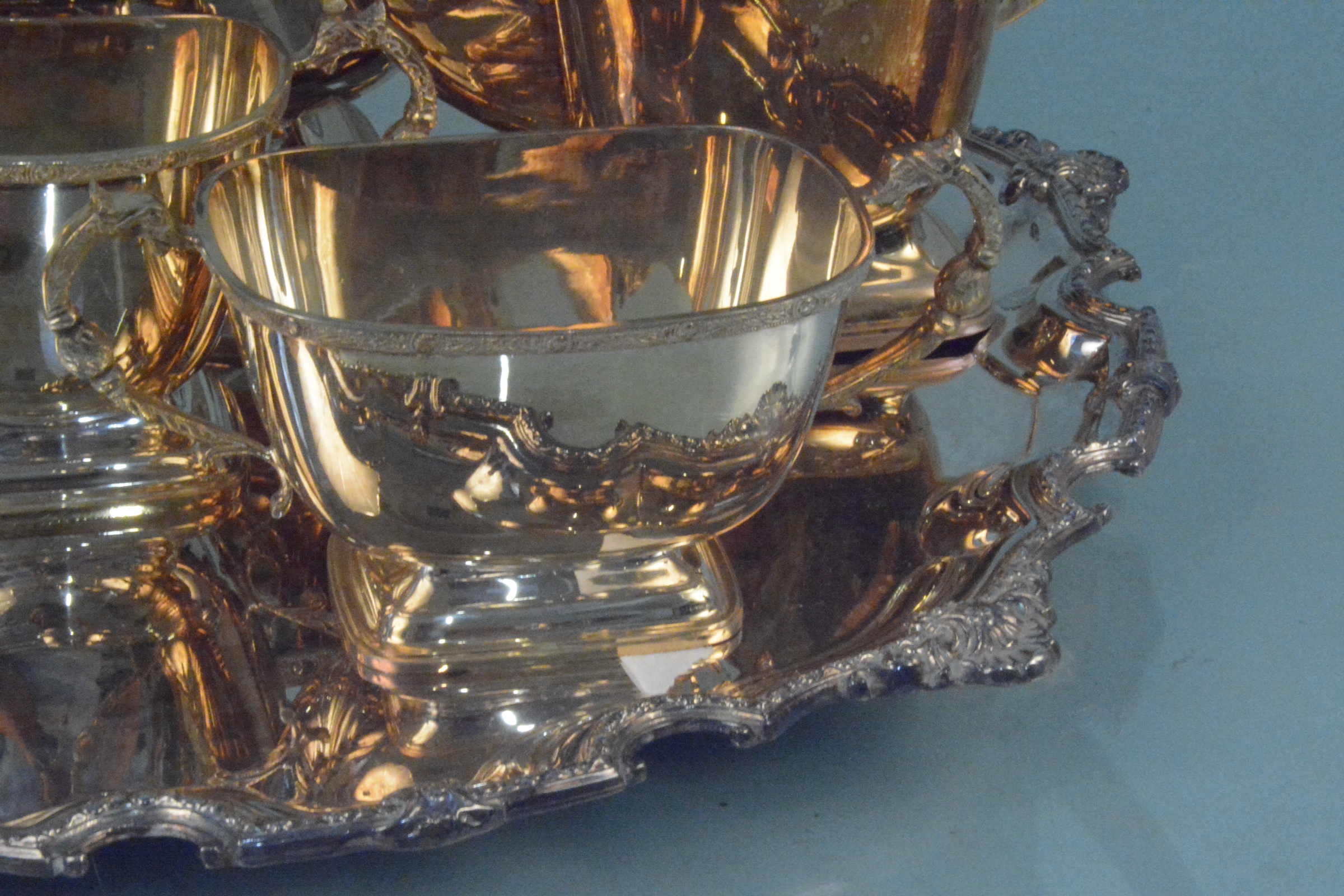 A silver plated five piece tea and coffee set with Celtic design banding together with a large - Image 2 of 3