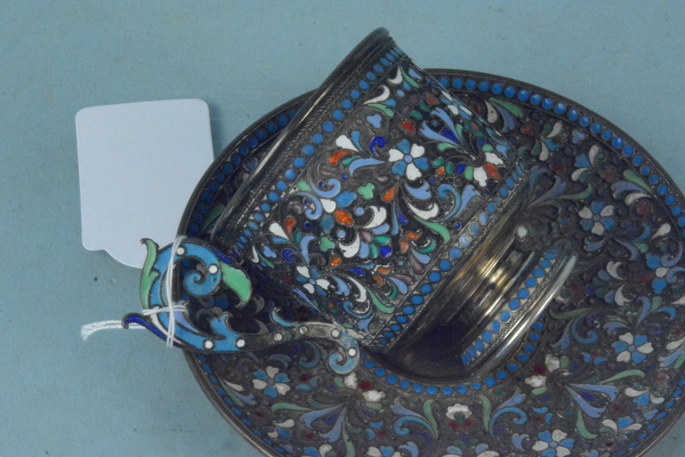 A Russian silver cloisonne cup, saucer and spoon, all with Kokoshnik mark, - Image 3 of 6