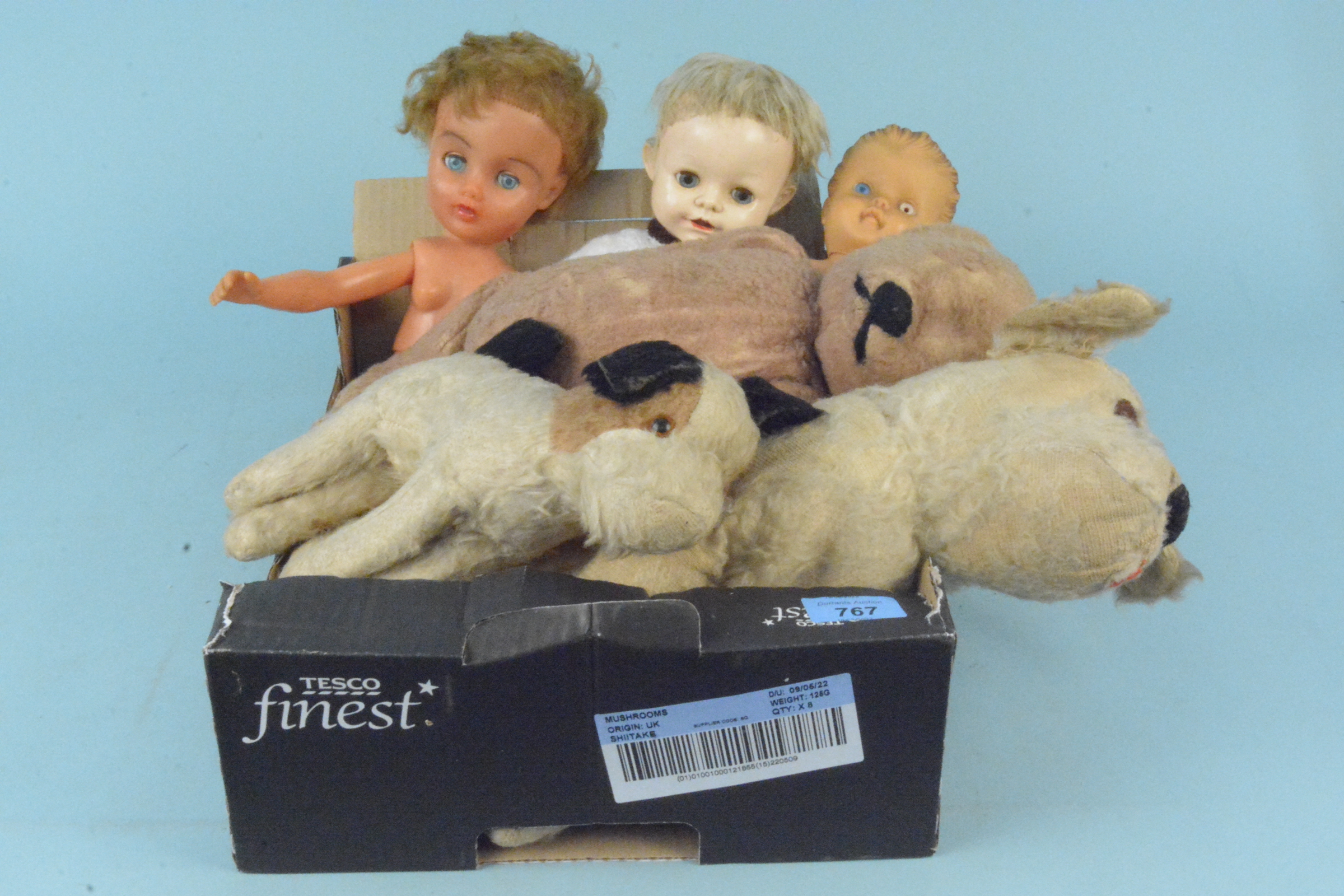 Three vintage plastic dolls including two Pedigree plus three Elderly stuffed toys including a