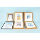 Nine framed small advertising prints of varying subjects and two others