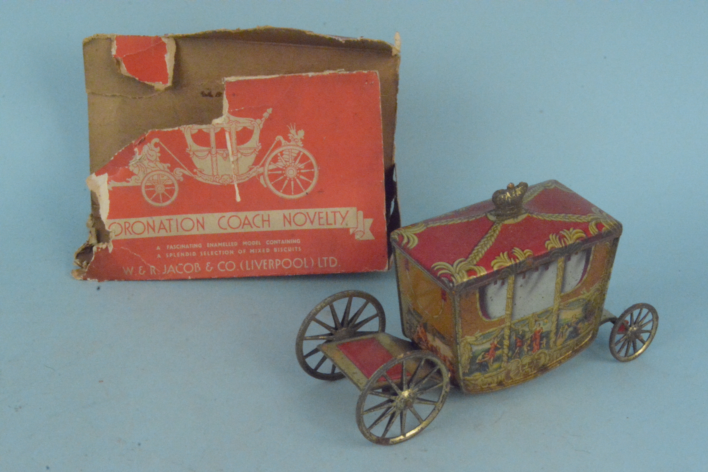 W & R Jacbo & Co tin plate 1936 Coronation coach biscuit barrel, approx 23cm long,