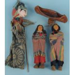 A vintage (possibly Thai) puppet with moveable head and arms (as found) plus two Native American