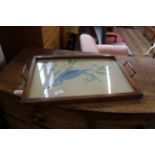 A 1930's oak framed two handled tray with woolwork bird panel