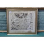 An antique framed map of Suffolk, double signed with history of country on reverse,