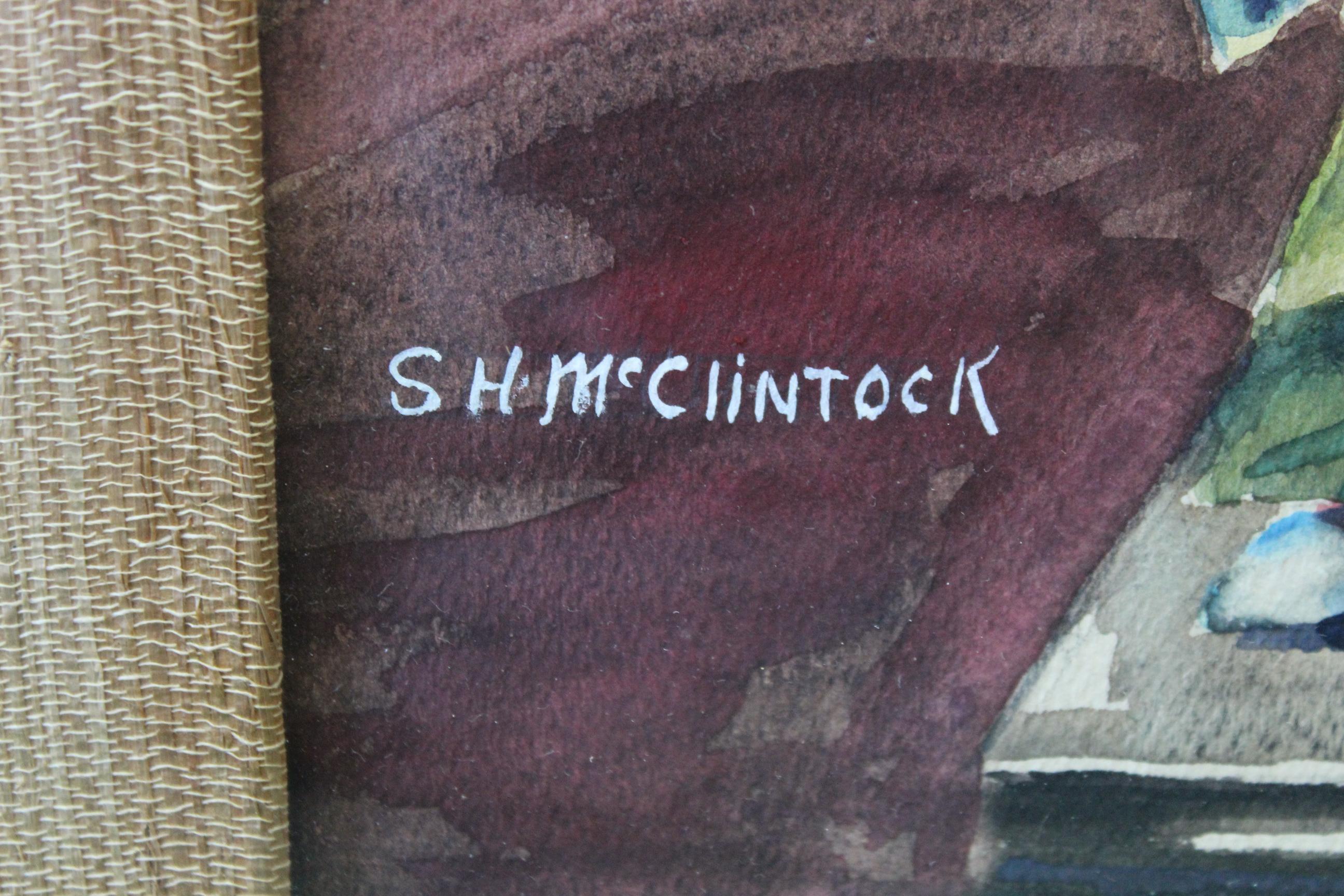 A watercolour of a Japanese figure and vase, SS McClintock, - Image 2 of 3