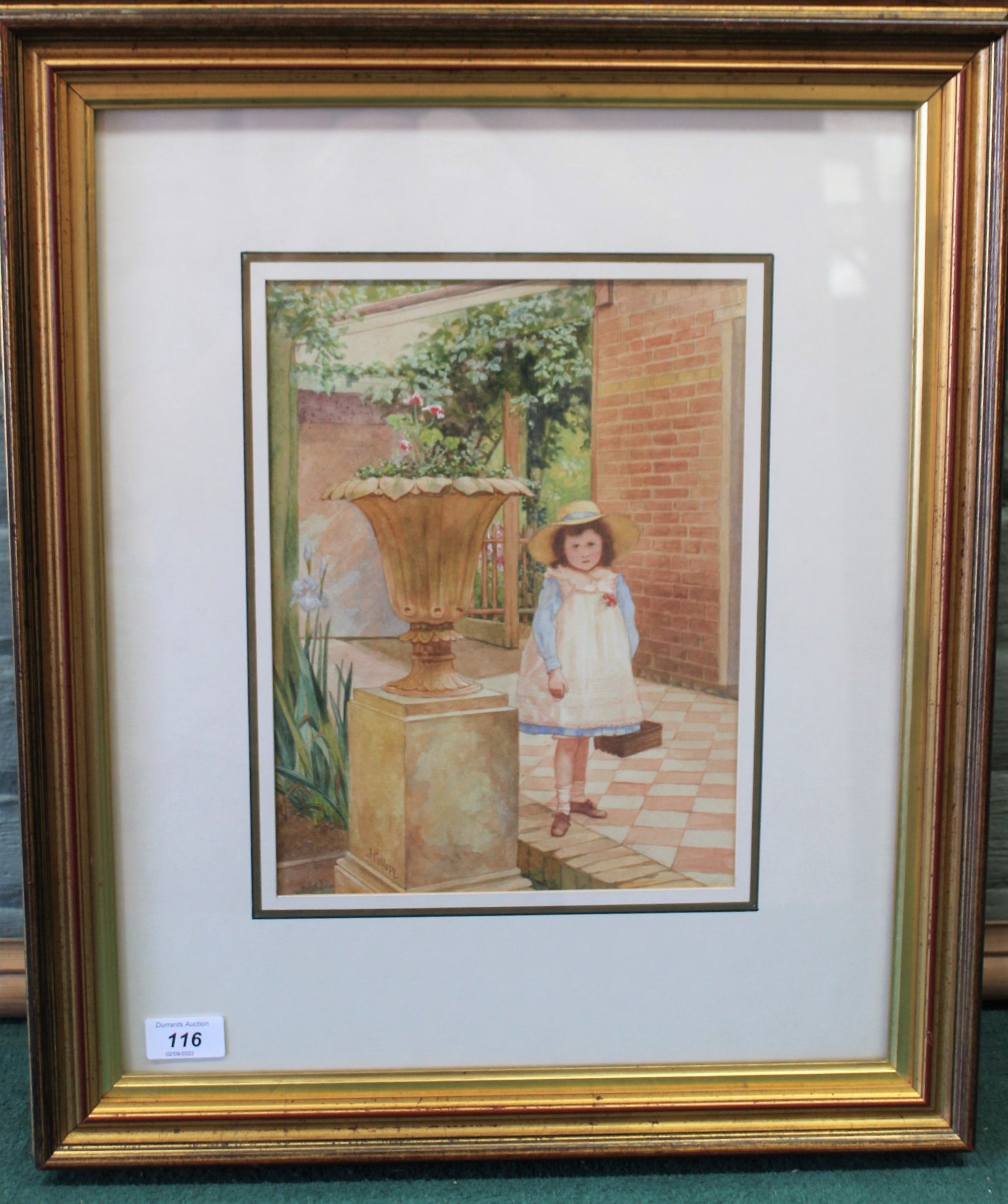 J. Collopy late 19th Century, watercolour of a girl on a garden terrace, 36cm x 28cm